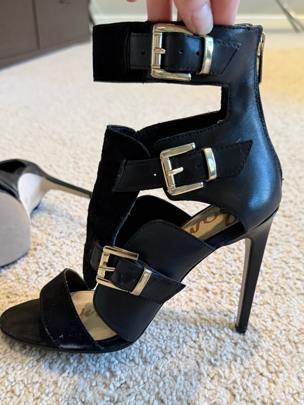 Sam Edelman Black Buckle Strappy Stiletto Heels with Gold Buckles